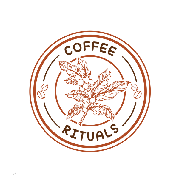 Logo for Coffee Rituals with coffee beans and leaves on a white background